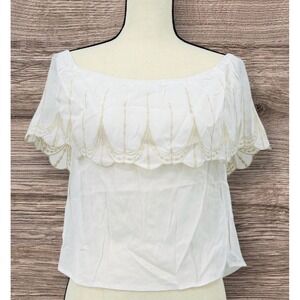HONEY BELLE Women's S White Off-Shoulder Crop Layered Blouse Embroidered Trim